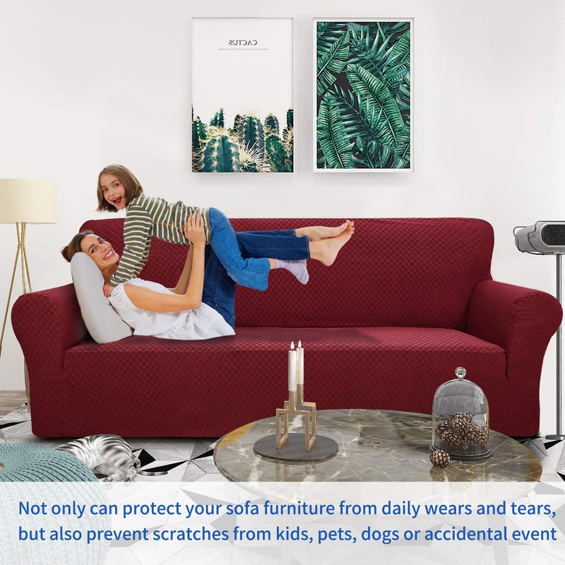 ZNSAYOTX 1 Piece Jacquard Couch Covers for 3 Cushion Couch Living Room High Stretch Sofa Cover Pets Dogs Friendly Anti Slip Thickened Slipcovers Furniture Protector (Sofa, Wine Red) - Image 2